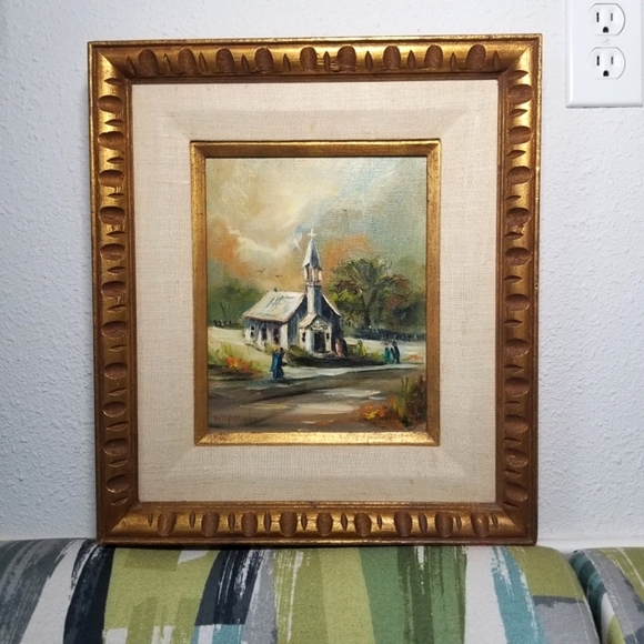 Original Oil Painting On Canvas Church Scene 1966 Signed Handcrafted Frame Vtg - Picture 1 of 16